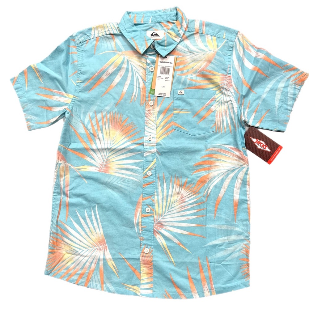 Quiksilver Boy’s size large/14 cotton poplin printed button up shirt.